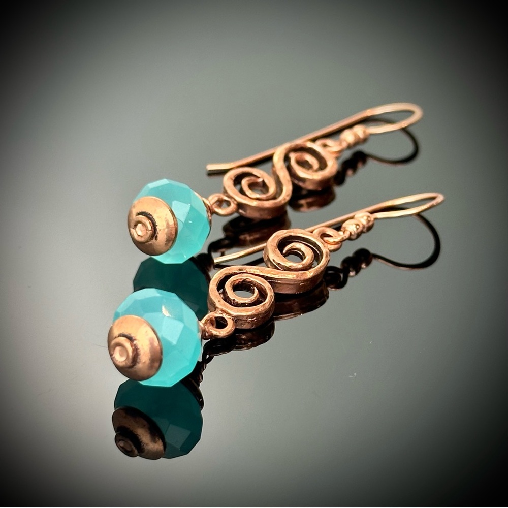 Handmade Artisan Earrings, Copper Spiral Links with Turquoise Glass Bead Dangles